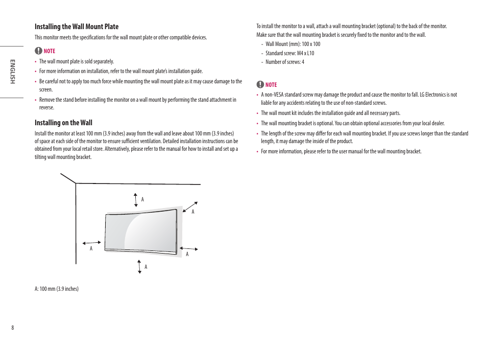 Installing the wall mount plate, Installing on the wall | LG UltraWide 49WL95C-WY.AUS 49" 32:9 Curved Dual QHD HDR IPS Monitor User Manual | Page 8 / 29