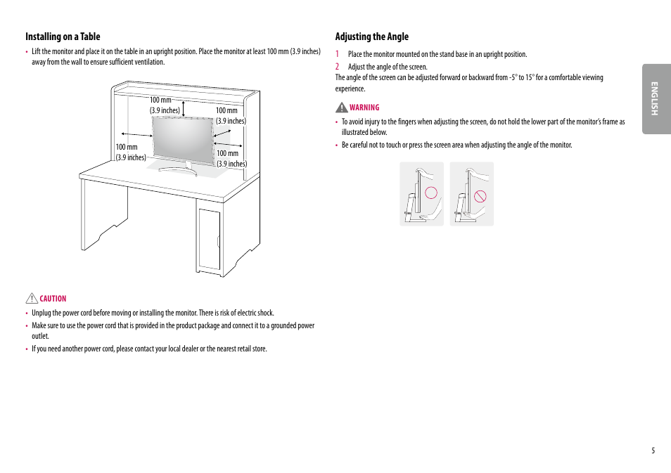 Installing on a table, Adjusting the angle | LG 32UL500-W 32'' 16:9 FreeSync 4K VA Monitor User Manual | Page 5 / 27