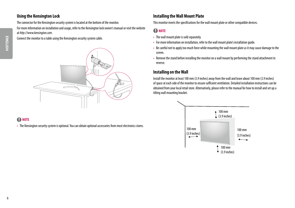 Using the kensington lock, Installing the wall mount plate, Installing on the wall | LG 32UL500-W 32'' 16:9 FreeSync 4K VA Monitor User Manual | Page 6 / 27