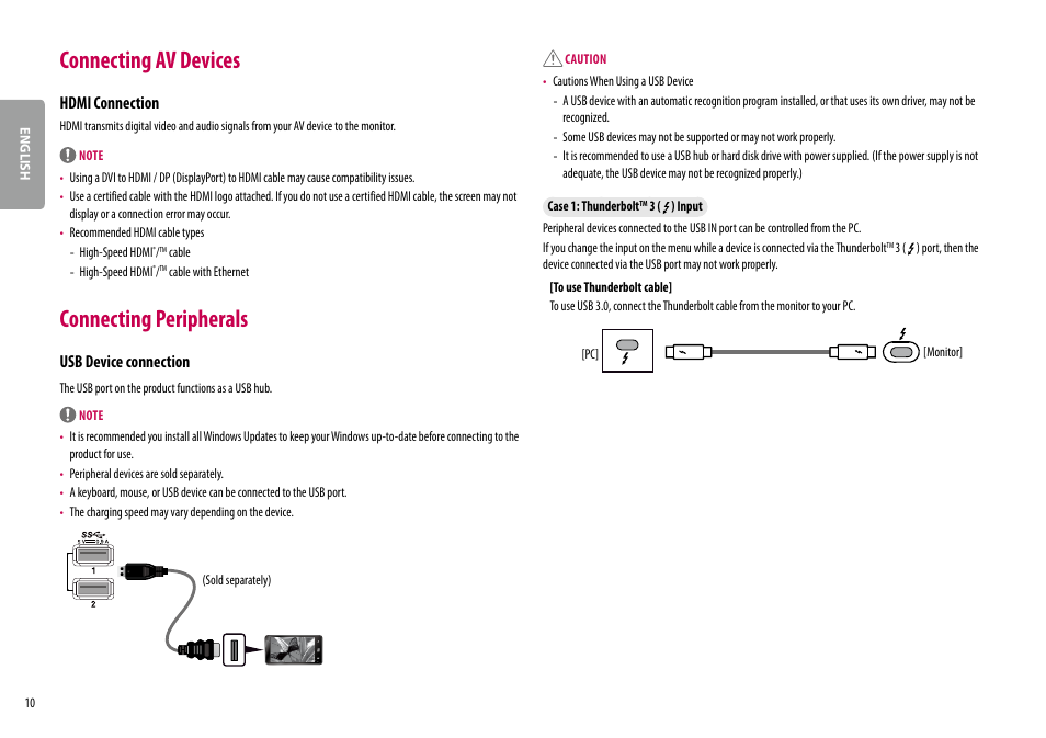 Connecting av devices, Connecting peripherals, Hdmi connection | Usb device connection | LG 38WN95C-W 38" 21:9 UltraWide G-Sync/FreeSync QHD+ Curved IPS Monitor User Manual | Page 10 / 31
