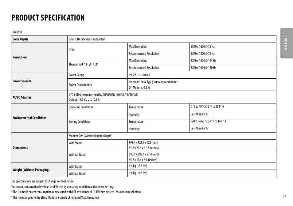 Product specification | LG 38WN95C-W 38" 21:9 UltraWide G-Sync/FreeSync QHD+ Curved IPS Monitor User Manual | Page 27 / 31