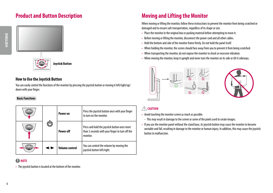 Product and button description, Moving and lifting the monitor, How to use the joystick button | LG 38WN95C-W 38" 21:9 UltraWide G-Sync/FreeSync QHD+ Curved IPS Monitor User Manual | Page 4 / 31