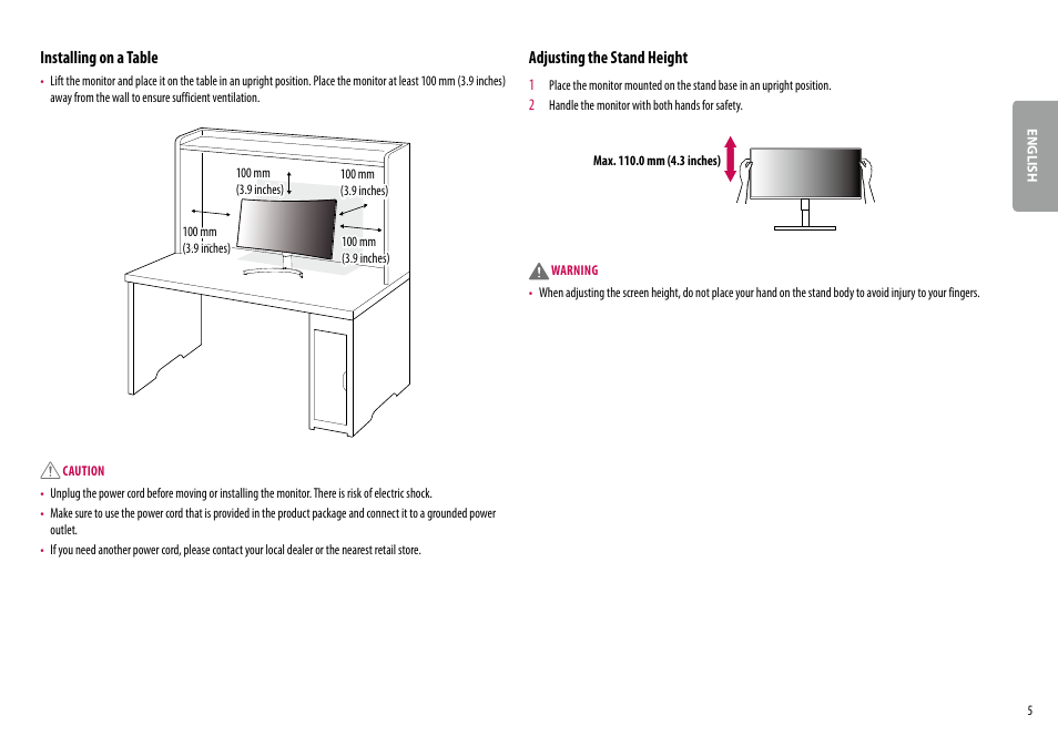 Installing on a table, Adjusting the stand height | LG 38WN95C-W 38" 21:9 UltraWide G-Sync/FreeSync QHD+ Curved IPS Monitor User Manual | Page 5 / 31