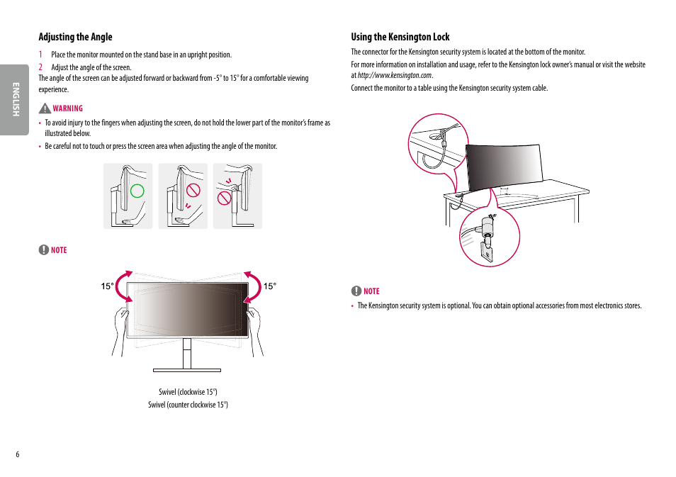Adjusting the angle, Using the kensington lock | LG 38WN95C-W 38" 21:9 UltraWide G-Sync/FreeSync QHD+ Curved IPS Monitor User Manual | Page 6 / 31