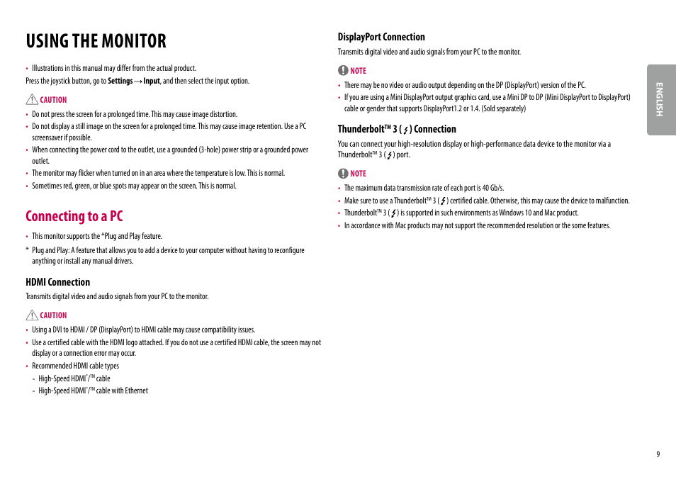 Using the monitor, Connecting to a pc, Hdmi connection | Displayport connection, Thunderbolt, 3 ( ) connection | LG 38WN95C-W 38" 21:9 UltraWide G-Sync/FreeSync QHD+ Curved IPS Monitor User Manual | Page 9 / 31