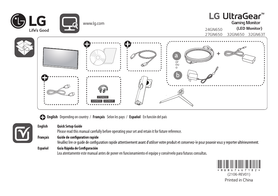 LG UltraGear 24GN650-B 24" 16:9 FreeSync 144 Hz Full HD HDR IPS Gaming Monitor User Manual | 6 pages