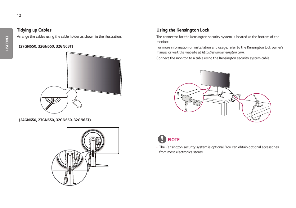 Tidying up cables, Using the kensington lock, Tidying up cables using the kensington lock | LG UltraGear 24GN650-B 24" 16:9 FreeSync 144 Hz Full HD HDR IPS Gaming Monitor User Manual | Page 12 / 54