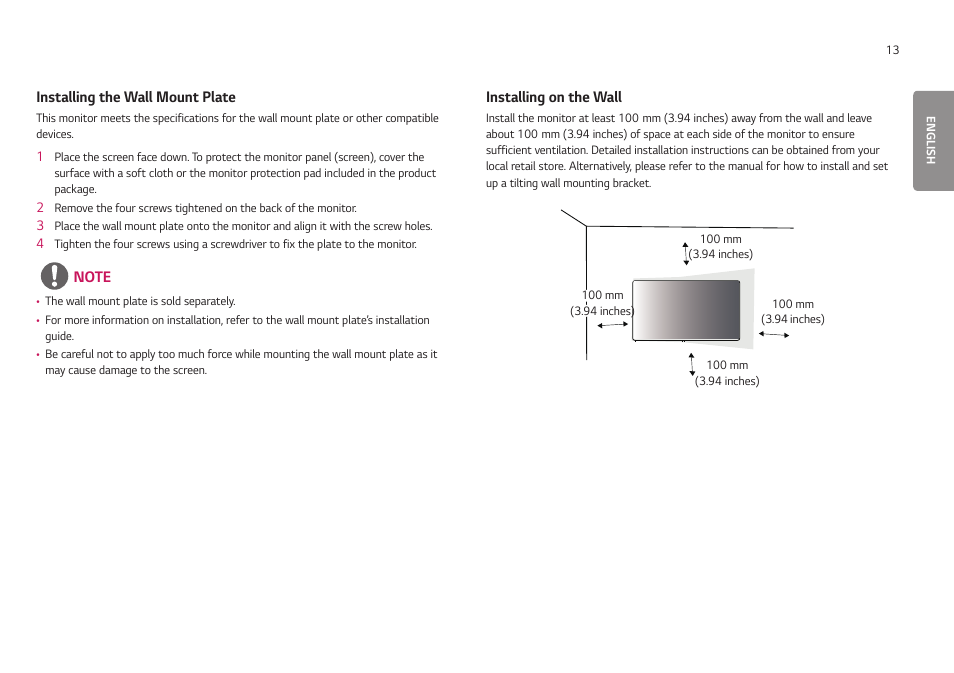 Installing the wall mount plate, Installing on the wall | LG UltraGear 24GN650-B 24" 16:9 FreeSync 144 Hz Full HD HDR IPS Gaming Monitor User Manual | Page 13 / 54