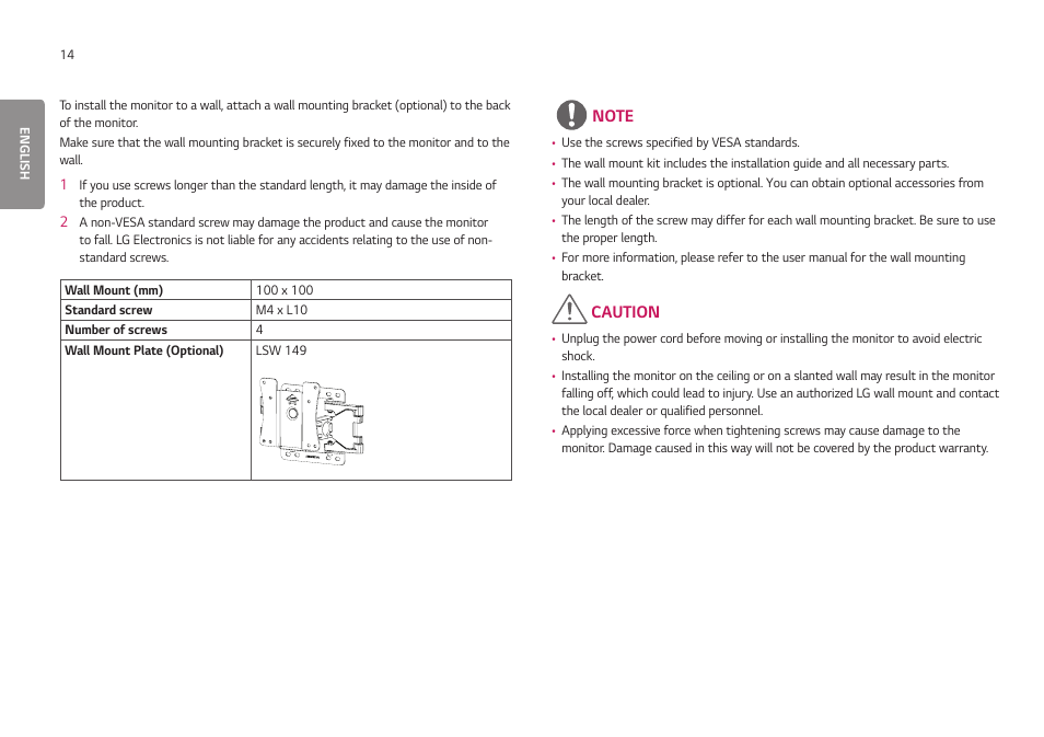 Caution | LG UltraGear 24GN650-B 24" 16:9 FreeSync 144 Hz Full HD HDR IPS Gaming Monitor User Manual | Page 14 / 54