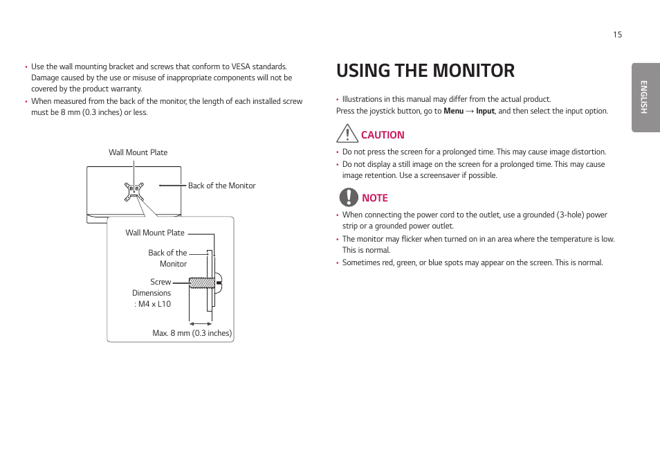 Using the monitor, Caution | LG UltraGear 24GN650-B 24" 16:9 FreeSync 144 Hz Full HD HDR IPS Gaming Monitor User Manual | Page 15 / 54