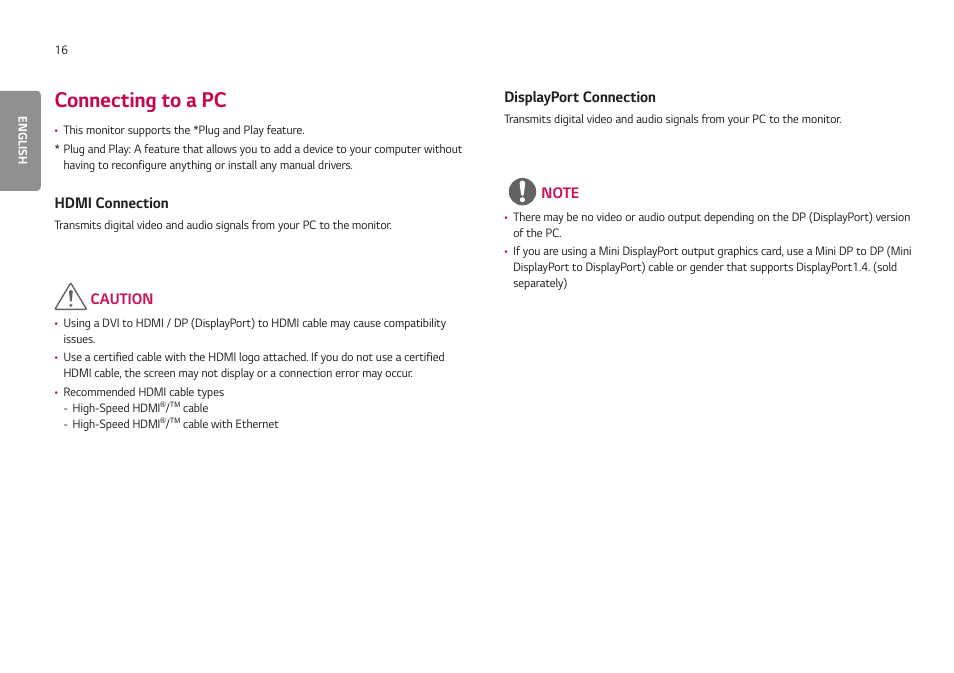 Connecting to a pc, Hdmi connection, Displayport connection | Hdmi connection displayport connection, Caution | LG UltraGear 24GN650-B 24" 16:9 FreeSync 144 Hz Full HD HDR IPS Gaming Monitor User Manual | Page 16 / 54