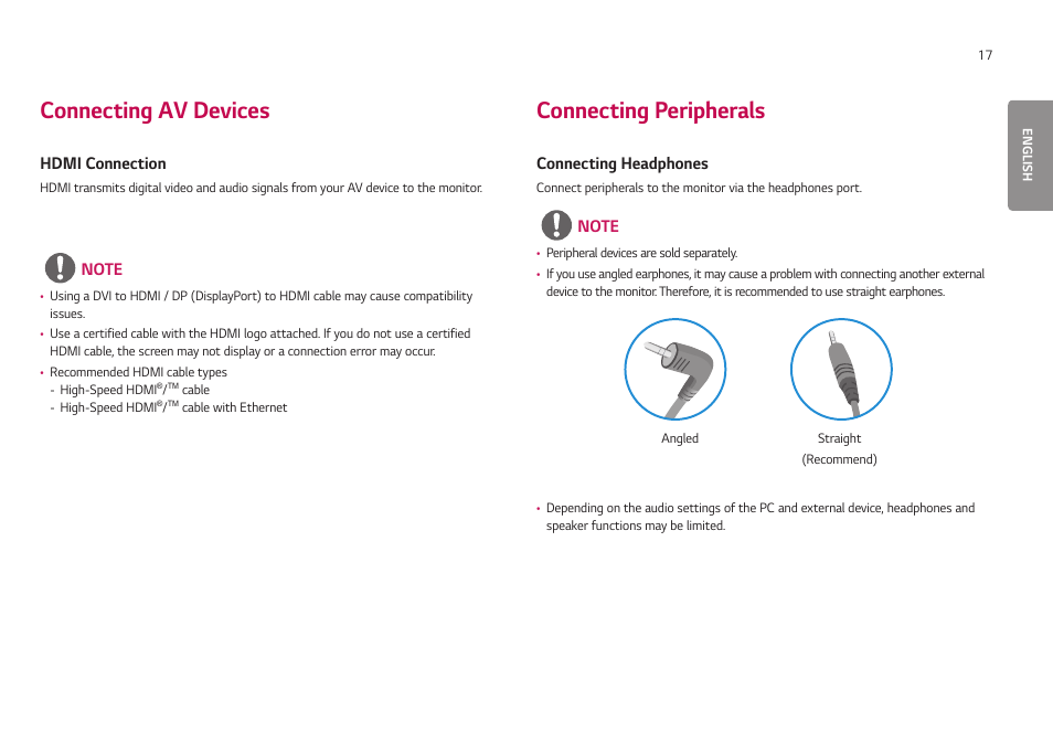 Connecting av devices, Hdmi connection, Connecting peripherals | Connecting headphones | LG UltraGear 24GN650-B 24" 16:9 FreeSync 144 Hz Full HD HDR IPS Gaming Monitor User Manual | Page 17 / 54