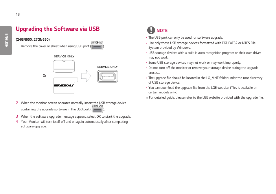 Upgrading the software via usb | LG UltraGear 24GN650-B 24" 16:9 FreeSync 144 Hz Full HD HDR IPS Gaming Monitor User Manual | Page 18 / 54