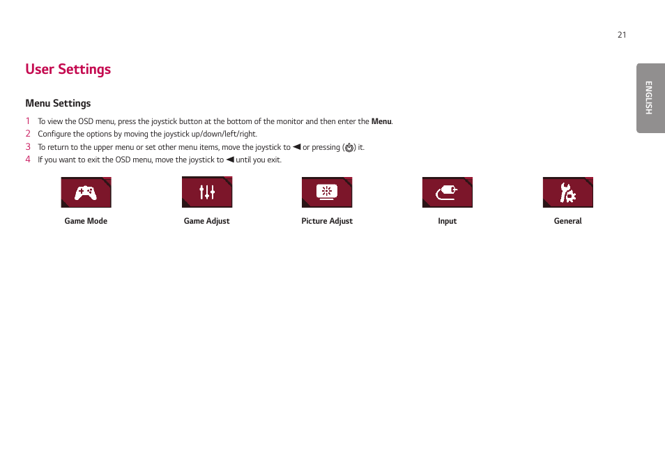 User settings, Menu settings | LG UltraGear 24GN650-B 24" 16:9 FreeSync 144 Hz Full HD HDR IPS Gaming Monitor User Manual | Page 21 / 54