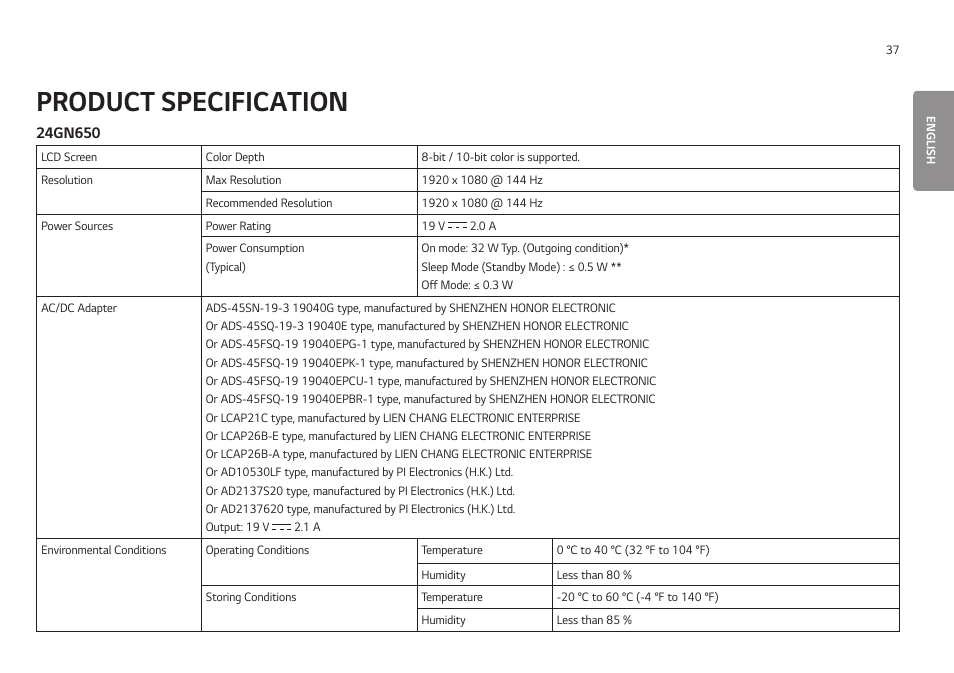 Product specification | LG UltraGear 24GN650-B 24" 16:9 FreeSync 144 Hz Full HD HDR IPS Gaming Monitor User Manual | Page 37 / 54