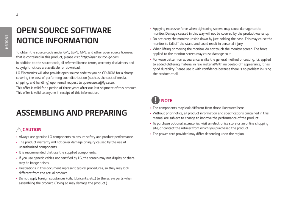 Open source software notice information, Assembling and preparing, Open source software | Notice information, Assembling and preparing 4 | LG UltraGear 24GN650-B 24" 16:9 FreeSync 144 Hz Full HD HDR IPS Gaming Monitor User Manual | Page 4 / 54