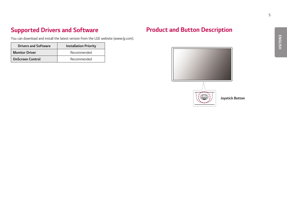 Supported drivers and software, Product and button description | LG UltraGear 24GN650-B 24" 16:9 FreeSync 144 Hz Full HD HDR IPS Gaming Monitor User Manual | Page 5 / 54