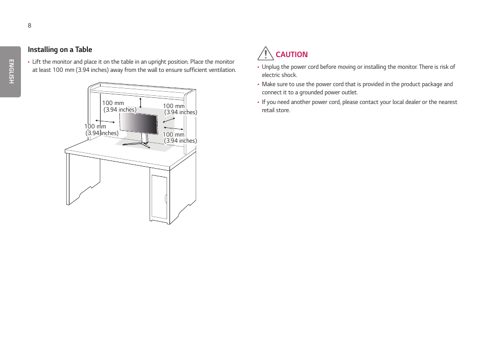 Installing on a table, Caution | LG UltraGear 24GN650-B 24" 16:9 FreeSync 144 Hz Full HD HDR IPS Gaming Monitor User Manual | Page 8 / 54