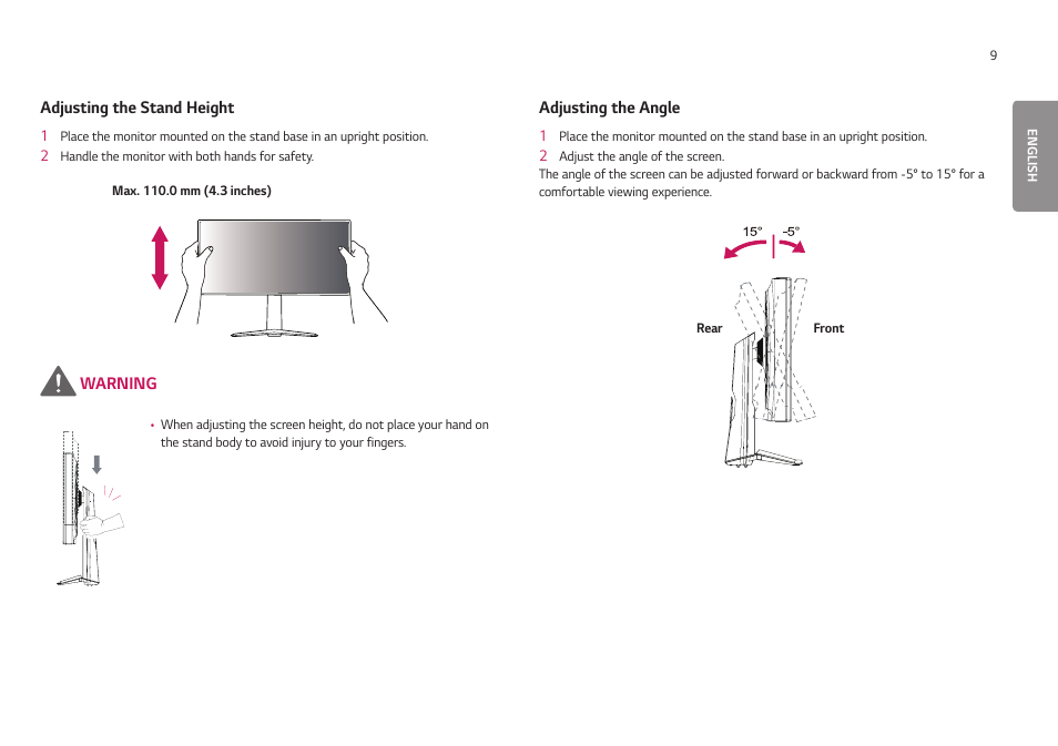 Adjusting the stand height, Adjusting the angle, Adjusting the stand height adjusting the angle | LG UltraGear 24GN650-B 24" 16:9 FreeSync 144 Hz Full HD HDR IPS Gaming Monitor User Manual | Page 9 / 54