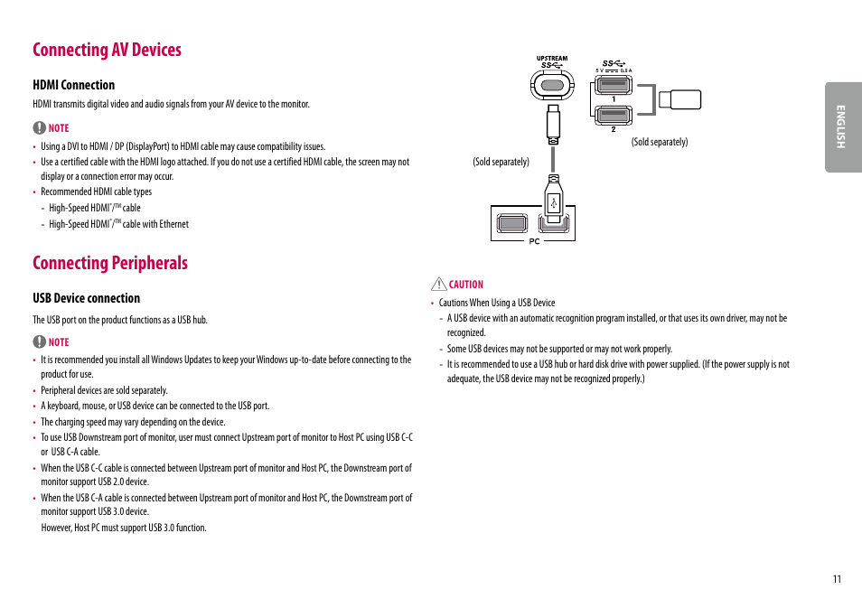 Connecting av devices, Connecting peripherals, Hdmi connection | Usb device connection | LG 27BK67U-B 27" 16:9 4K UHD FreeSync IPS Monitor User Manual | Page 11 / 29