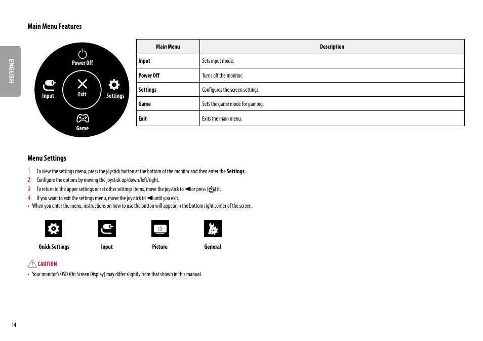 Main menu features, Menu settings | LG 27BK67U-B 27" 16:9 4K UHD FreeSync IPS Monitor User Manual | Page 14 / 29