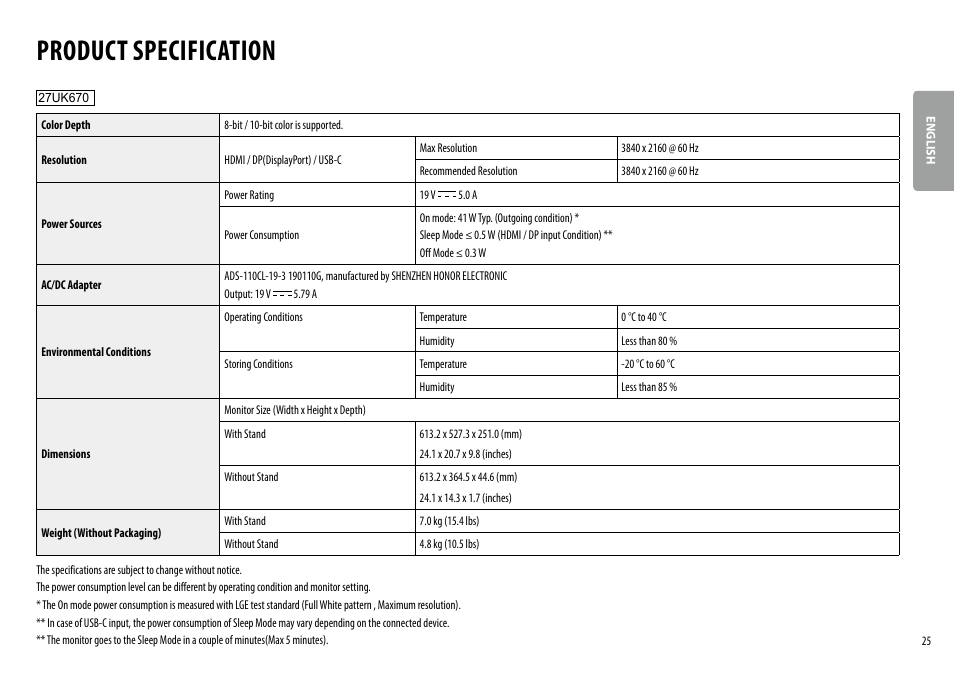 Product specification | LG 27BK67U-B 27" 16:9 4K UHD FreeSync IPS Monitor User Manual | Page 25 / 29