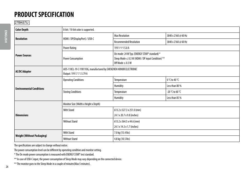 Product specification | LG 27BK67U-B 27" 16:9 4K UHD FreeSync IPS Monitor User Manual | Page 26 / 29