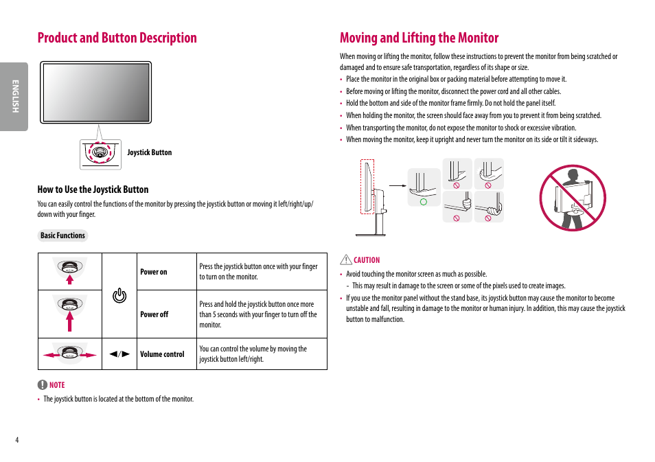 Product and button description, Moving and lifting the monitor, How to use the joystick button | LG 27BK67U-B 27" 16:9 4K UHD FreeSync IPS Monitor User Manual | Page 4 / 29