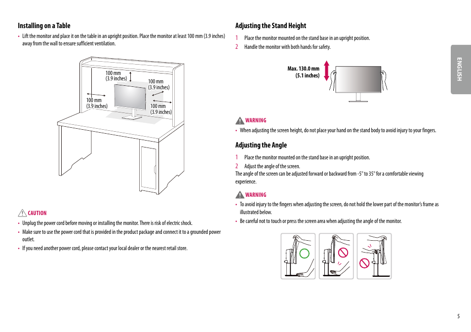 Installing on a table, Adjusting the stand height, Adjusting the angle | LG 27BK67U-B 27" 16:9 4K UHD FreeSync IPS Monitor User Manual | Page 5 / 29