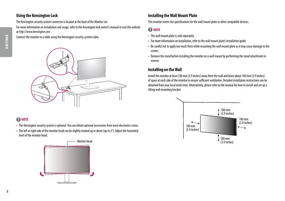 Using the kensington lock, Installing the wall mount plate, Installing on the wall | LG 27BK67U-B 27" 16:9 4K UHD FreeSync IPS Monitor User Manual | Page 8 / 29