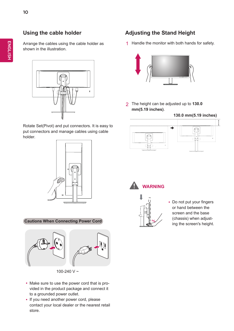 Using the cable holder, Adjusting the stand height, Using the cable holder adjusting the stand height | LG 27BK550Y-I 27" Monitor (Black) User Manual | Page 10 / 31