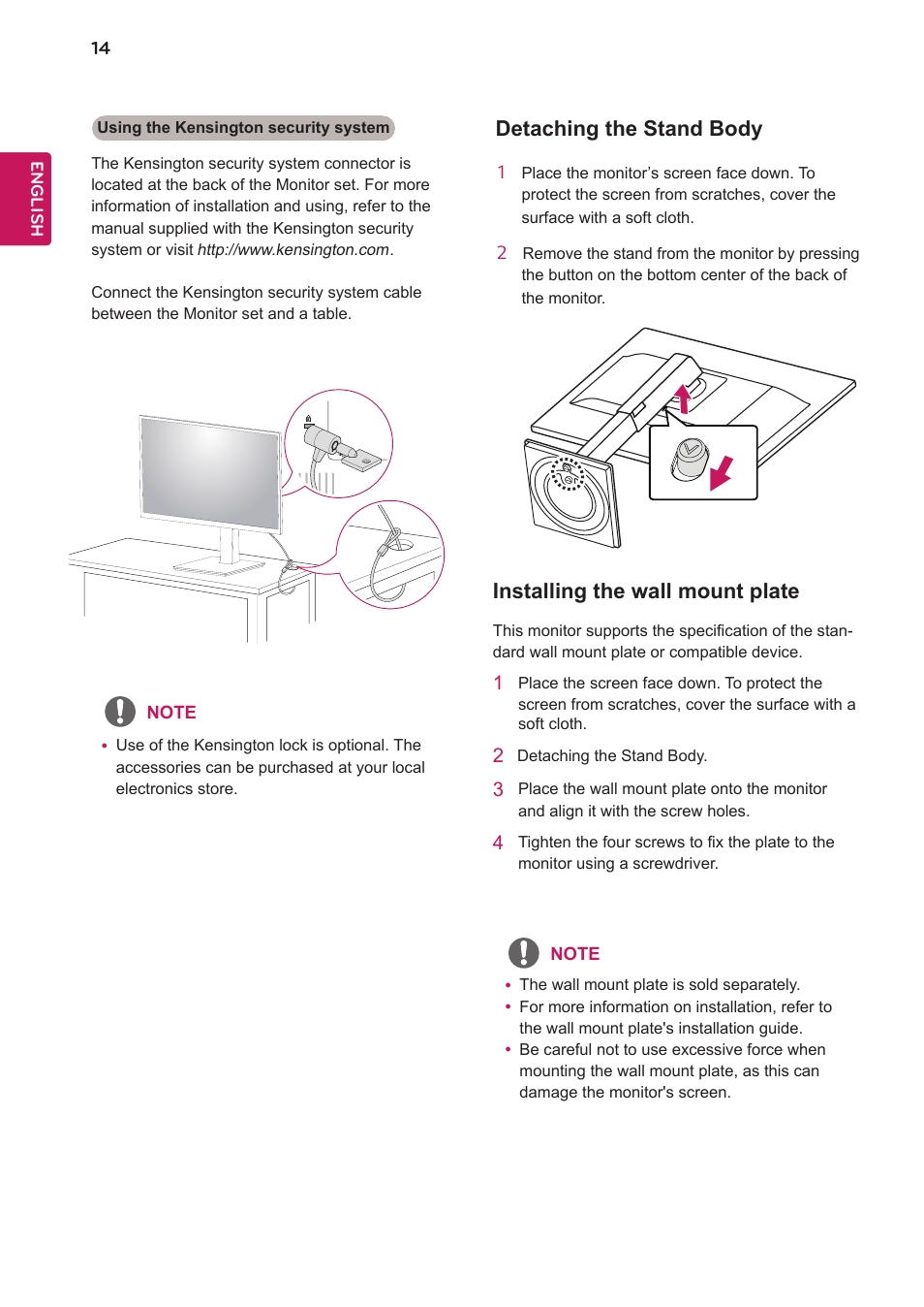 Detaching the stand body, Installing the wall mount plate | LG 27BK550Y-I 27" Monitor (Black) User Manual | Page 14 / 31