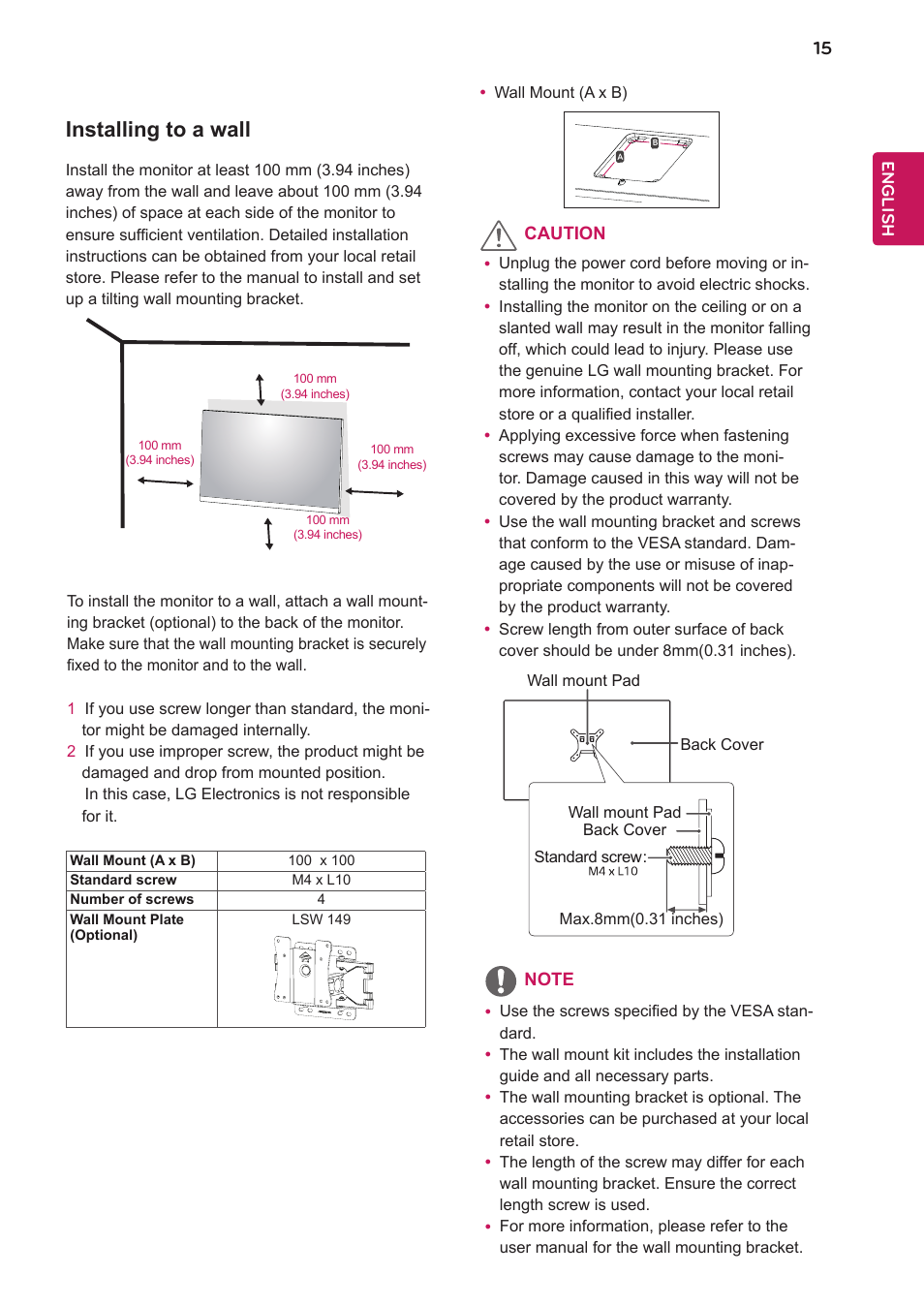 Installing to a wall | LG 27BK550Y-I 27" Monitor (Black) User Manual | Page 15 / 31