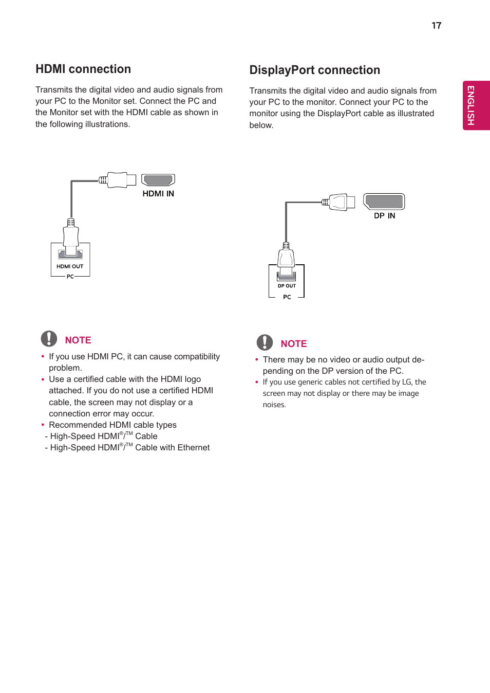 Hdmi connection, Displayport connection | LG 27BK550Y-I 27" Monitor (Black) User Manual | Page 17 / 31