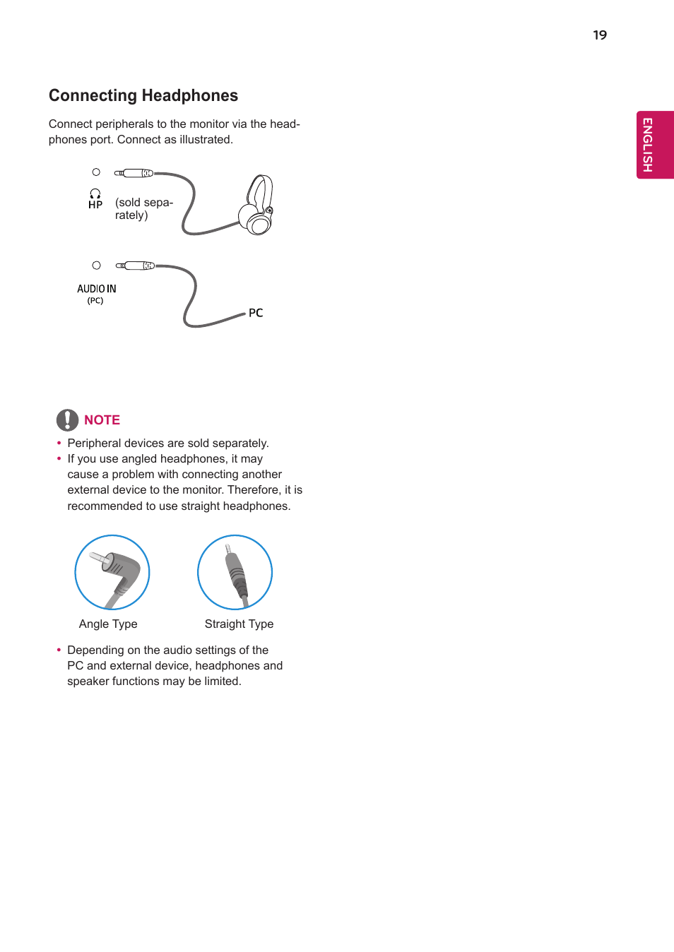 Connecting headphones | LG 27BK550Y-I 27" Monitor (Black) User Manual | Page 19 / 31