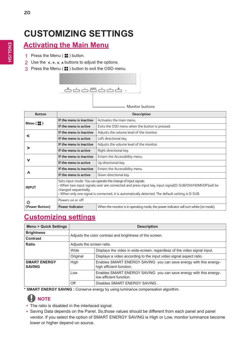 Customizing settings, Activating the main menu | LG 27BK550Y-I 27" Monitor (Black) User Manual | Page 20 / 31