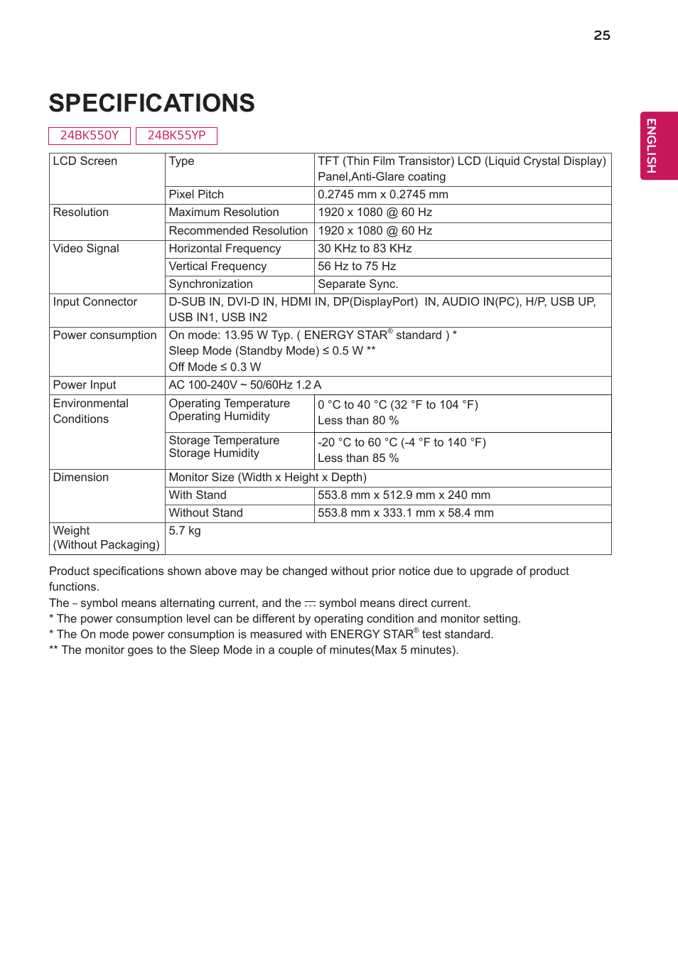 Specifications | LG 27BK550Y-I 27" Monitor (Black) User Manual | Page 25 / 31