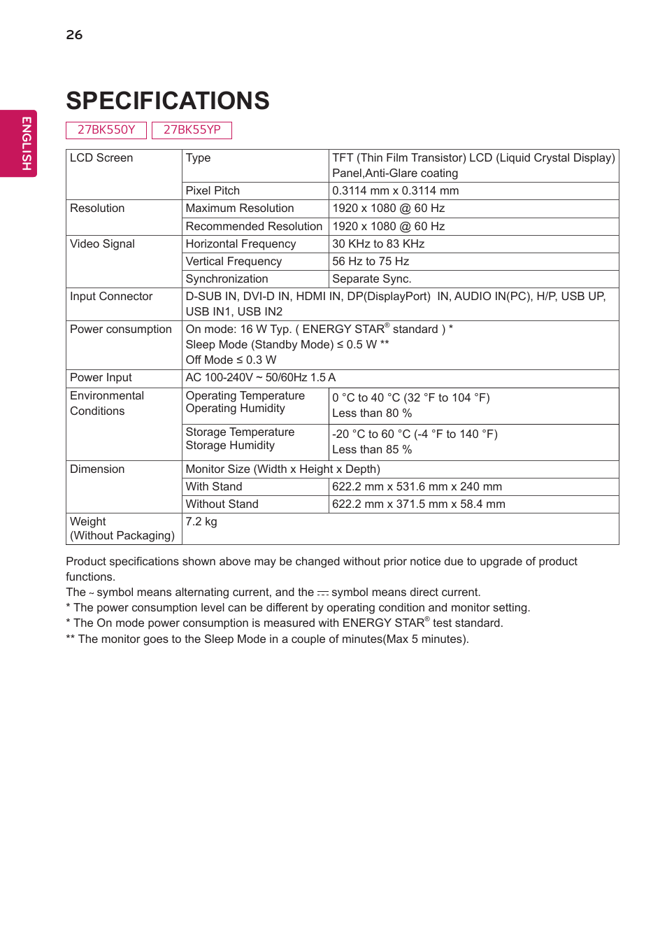 Specifications | LG 27BK550Y-I 27" Monitor (Black) User Manual | Page 26 / 31