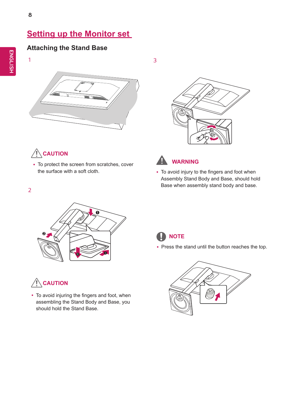 Setting up the monitor set, Attaching the stand base | LG 27BK550Y-I 27" Monitor (Black) User Manual | Page 8 / 31