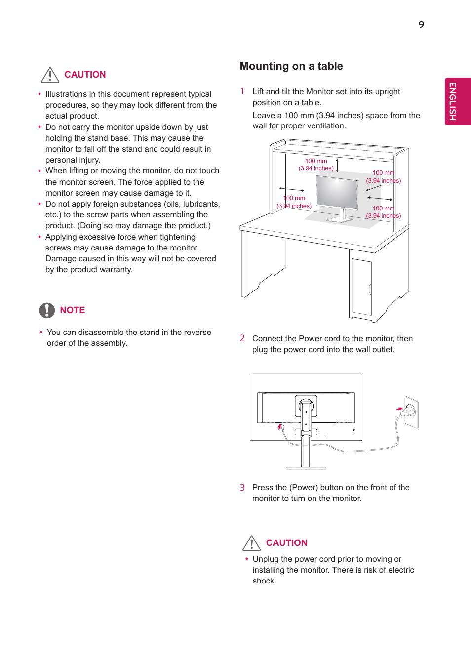 Mounting on a table | LG 27BK550Y-I 27" Monitor (Black) User Manual | Page 9 / 31