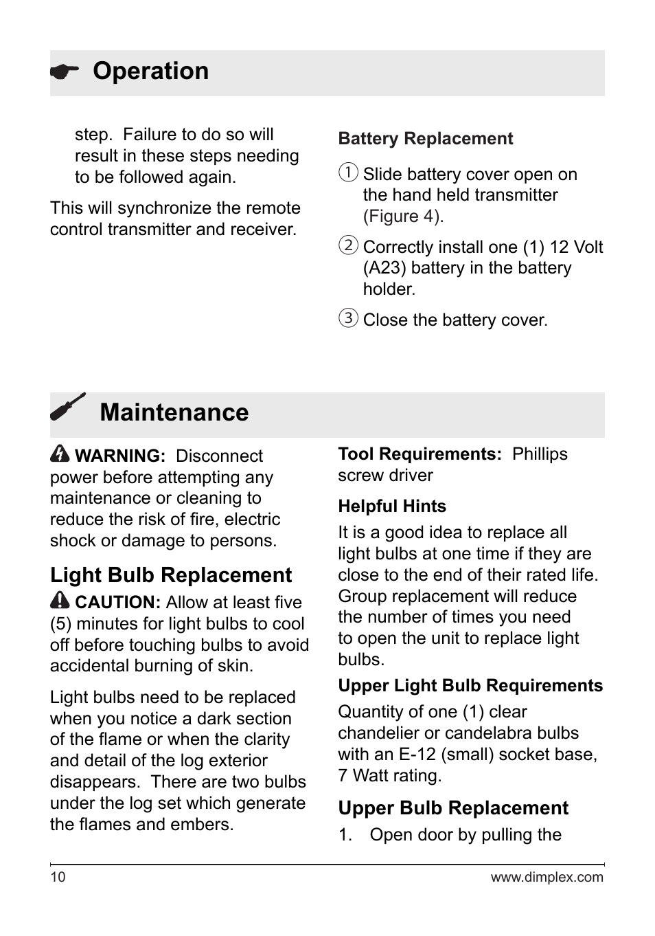 Maintenance, Operation, Light bulb replacement | Dimplex DS5804CM User Manual | Page 10 / 16