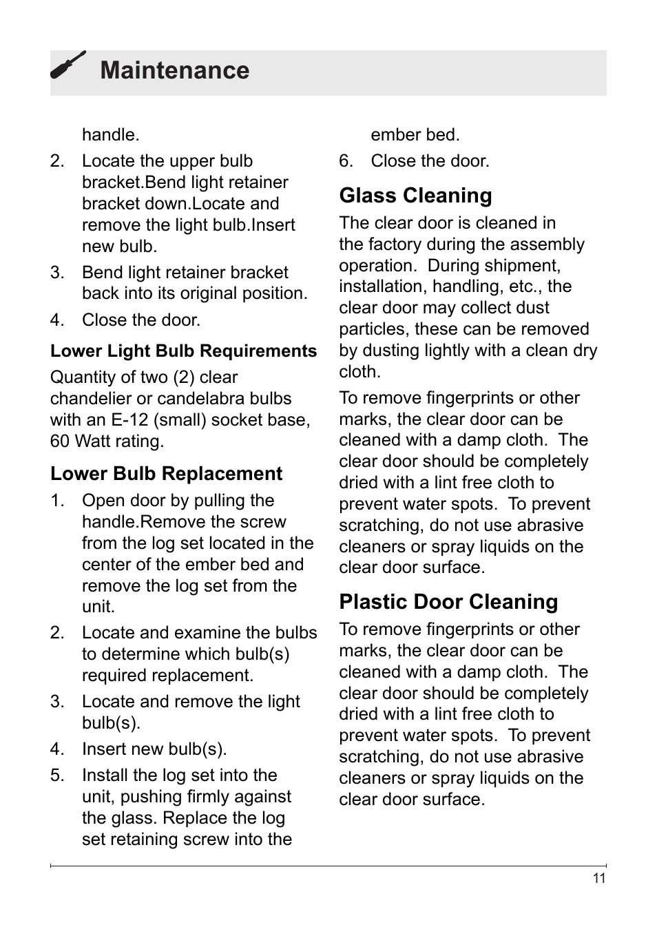 Maintenance, Glass cleaning, Plastic door cleaning | Dimplex DS5804CM User Manual | Page 11 / 16