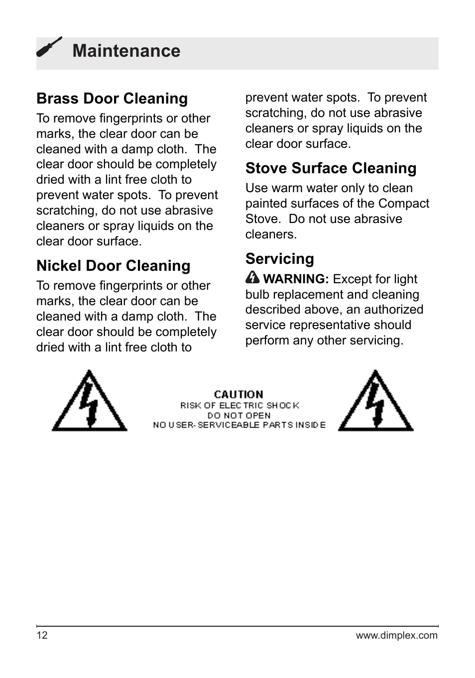 Maintenance, Brass door cleaning, Nickel door cleaning | Stove surface cleaning, Servicing | Dimplex DS5804CM User Manual | Page 12 / 16