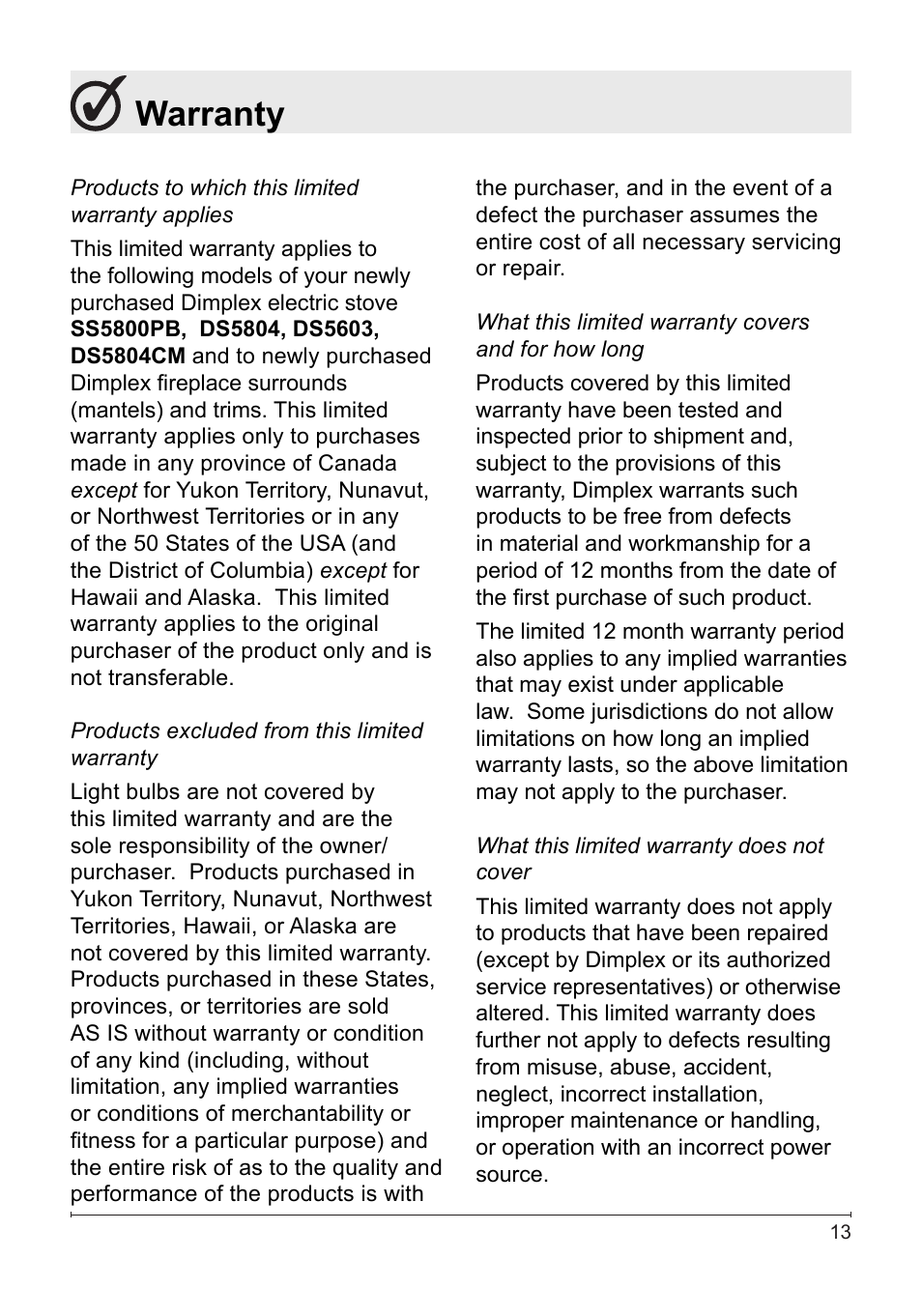 Warranty | Dimplex DS5804CM User Manual | Page 13 / 16