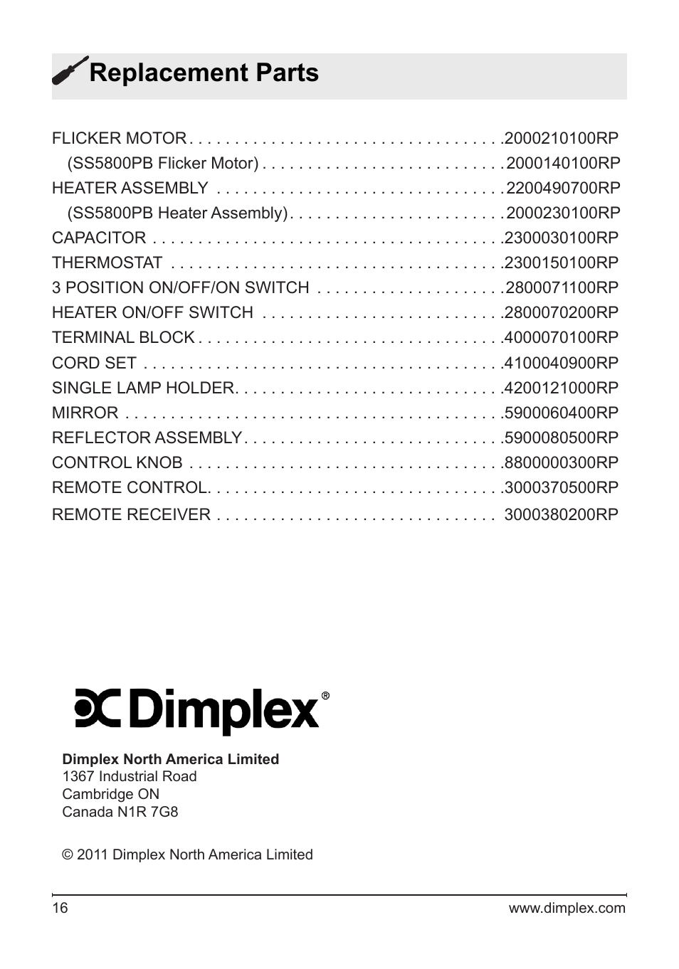 Replacement parts | Dimplex DS5804CM User Manual | Page 16 / 16