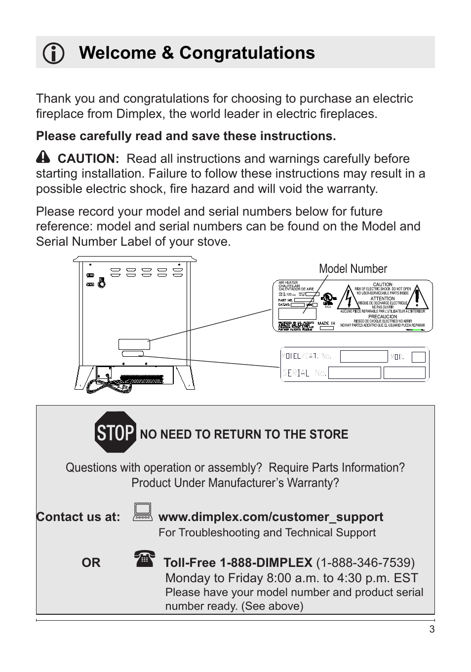 Welcome & congratulations | Dimplex DS5804CM User Manual | Page 3 / 16