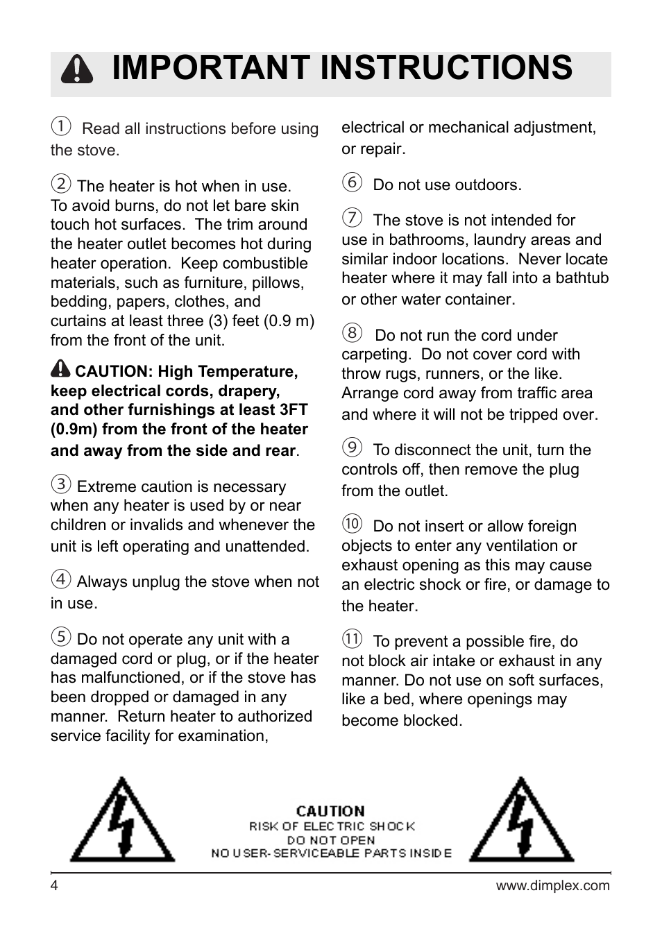 Important instructions | Dimplex DS5804CM User Manual | Page 4 / 16