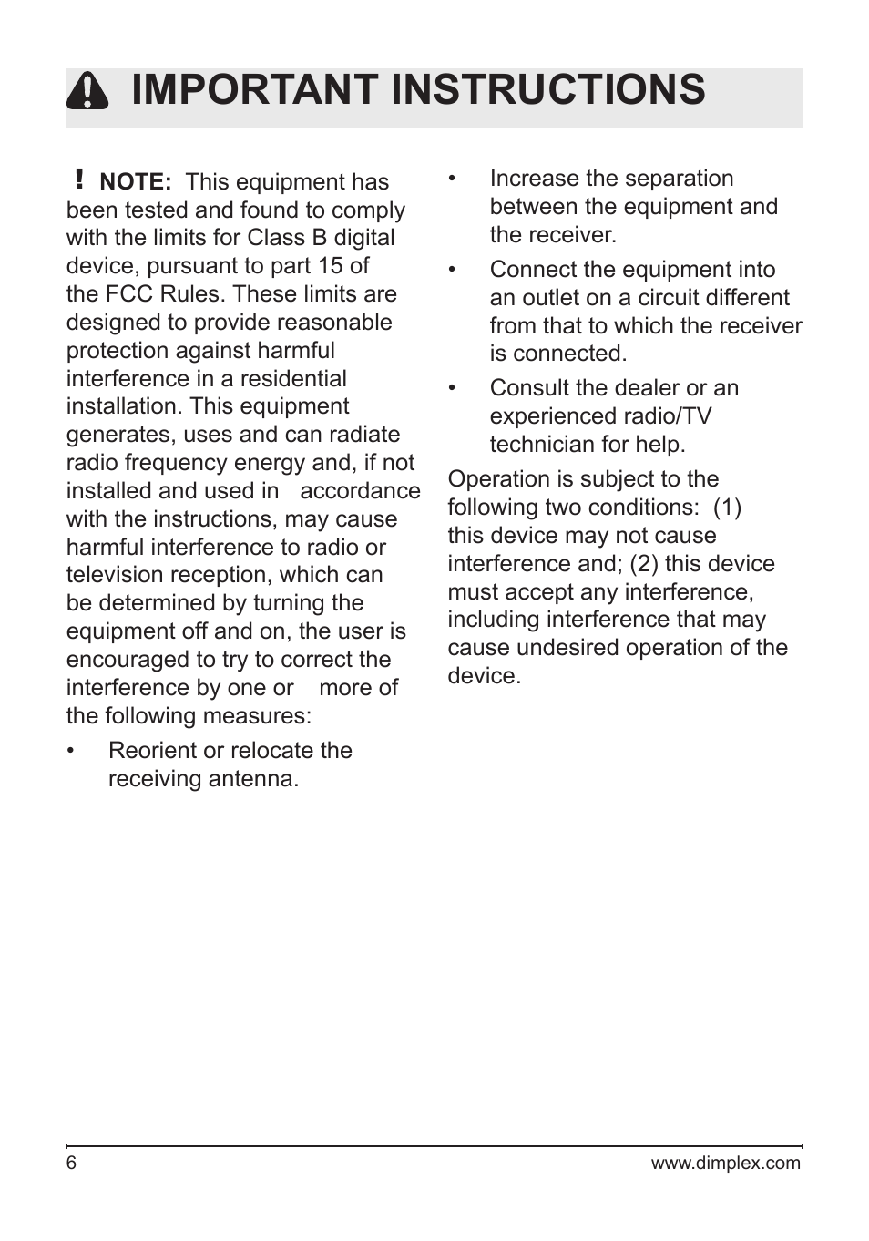 Important instructions | Dimplex DS5804CM User Manual | Page 6 / 16