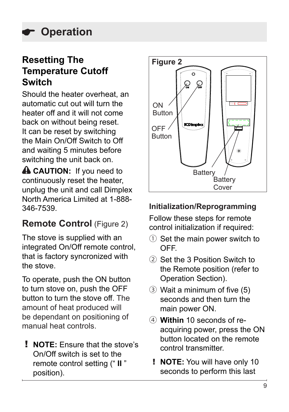 Operation, Resetting the temperature cutoff switch, Remote control | Dimplex DS5804CM User Manual | Page 9 / 16