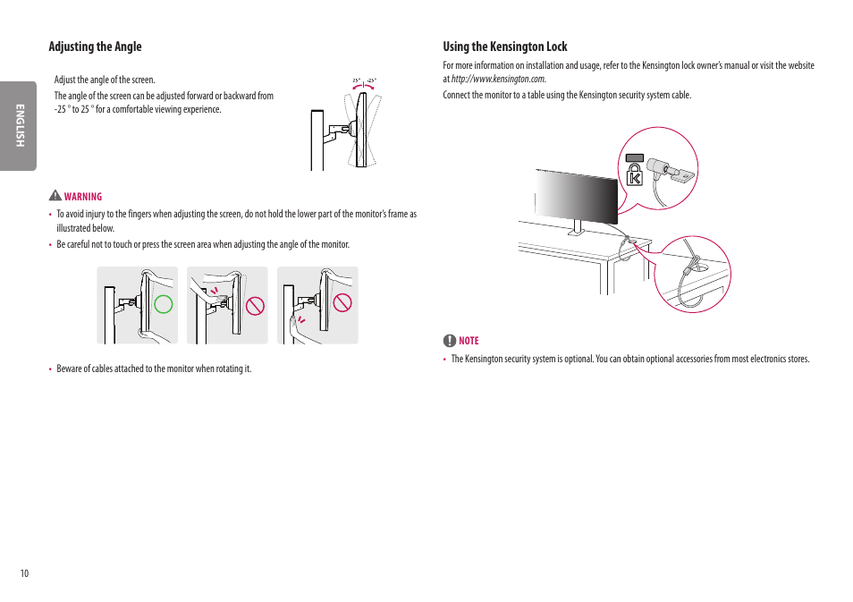 Adjusting the angle, Using the kensington lock | LG BP88CN-B 34" 1440p HDR Curved Monitor User Manual | Page 10 / 33